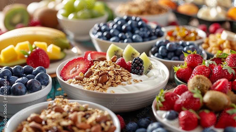 Vibrant Breakfast Spread with Yogurt, Fruits, and Nuts Vibrant Breakfast Spread with Yogurt, Fruits, and Nuts