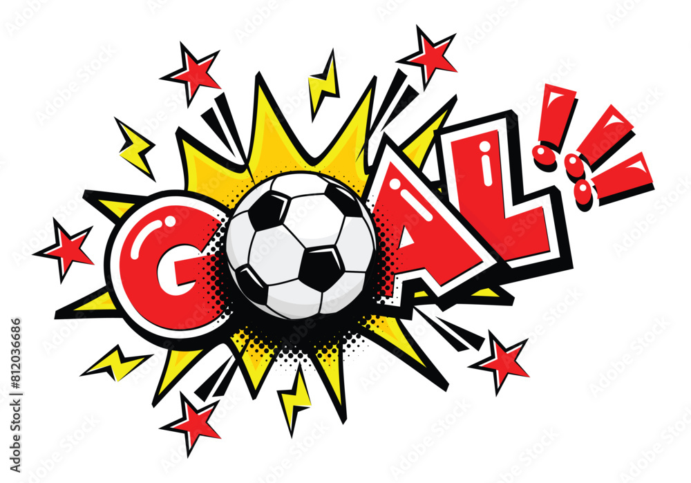 Goal football game, soccer ball. Text speech bubble balloon exploding