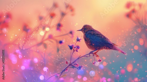 Mały ptak siedzi na gałęzi drzewa podczas deszczowej pogody. Woda spada z nieba, a ptak spokojnie odpoczywa na swoim stanowisku