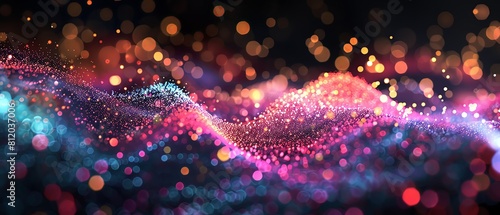 Abstract gradient background with glowing dots, a colorful wave and bokeh lights on a black background. An abstract digital landscape of light particles. Digital sound waves in color, a music equalize photo