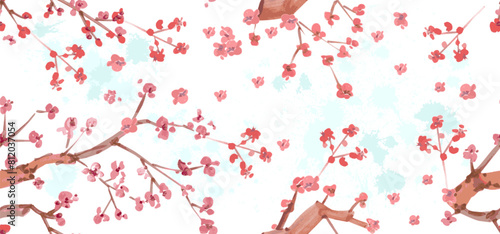 seamless texture with watercolor blooming branches of sakura tre