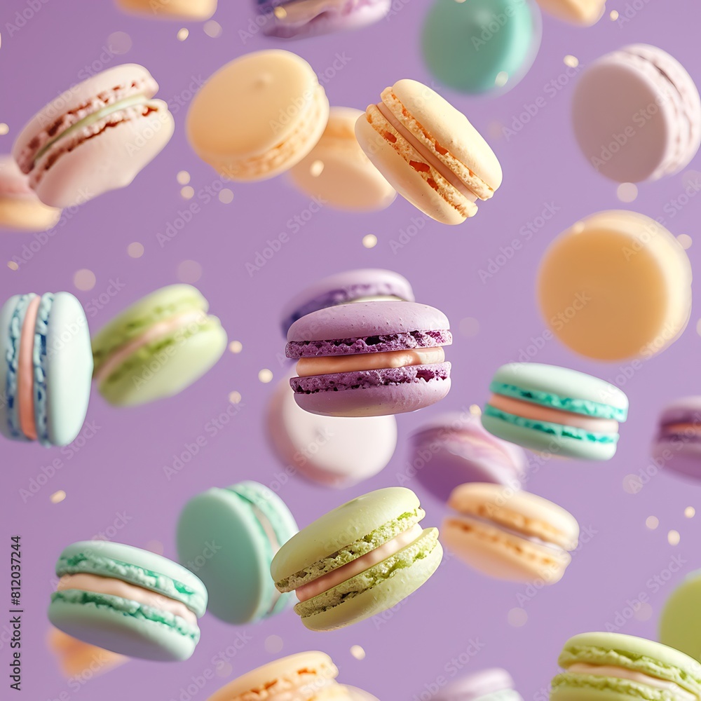 Colorful macarons suspended in mid-air Colorful macarons suspended in mid-air