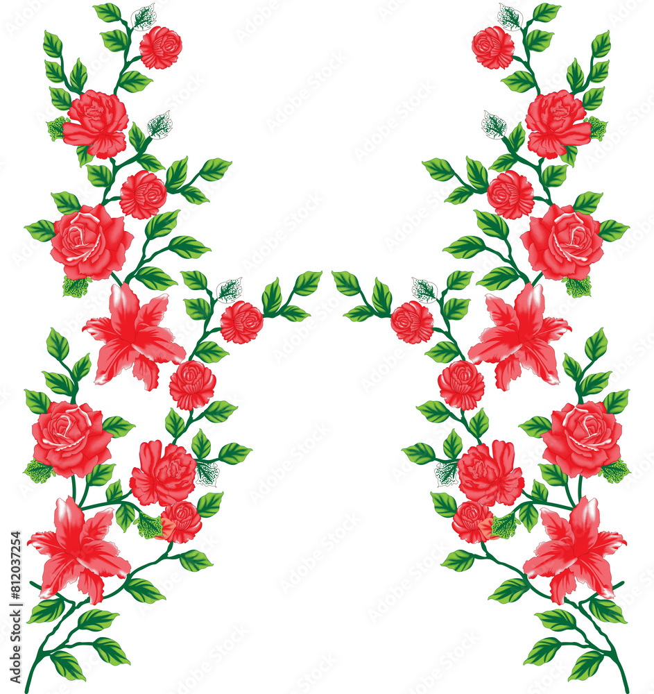 a red rose pattern on a white background.This image displays a symmetrical arrangement of vibrant red flowers and lush green leaves forming a border around a white background. The flowers appear to be a red rose pattern on a white background.This image displays a symmetrical arrangement of vibrant red flowers and lush green leaves forming a border around a white background. The flowers appear to be