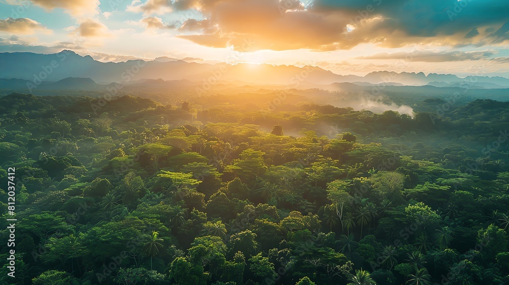Aerial view of a beautiful sunset over the dense green forest landscape with a blue sky and clouds, taken with a wide angle lens. A landscape panorama from above of a tropical rainforest jungle in a N Aerial view of a beautiful sunset over the dense green forest landscape with a blue sky and clouds, taken with a wide angle lens. A landscape panorama from above of a tropical rainforest jungle in a N