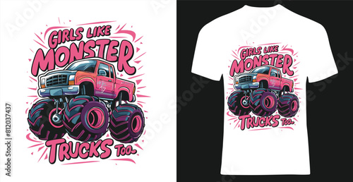 A vibrant and eye-catching anime-inspired 2D flat design for a tee shirt features a playful monster truck with oversized wheels, bold colors, and pink and purple elements. 