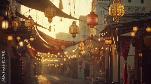 A street scene with many lanterns hanging from the ceiling,Eid-al-Adha, the Feast of Sacrifice.