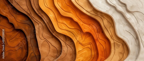 Smooth features multi-layered transitions wavy patterns textures in gradient shades from deep brown to creamy white, textures resemble abstracts, fluid art or natural geological formations. photo