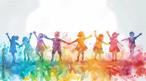 banner with watercolor silhouettes of happy children on World Children's Day on a white background