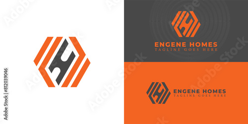 Abstract initial hexagon letter EH or HE logo in orange-black color isolated on multiple background colors. The logo is suitable for home builders' business service logo design inspiration templates.