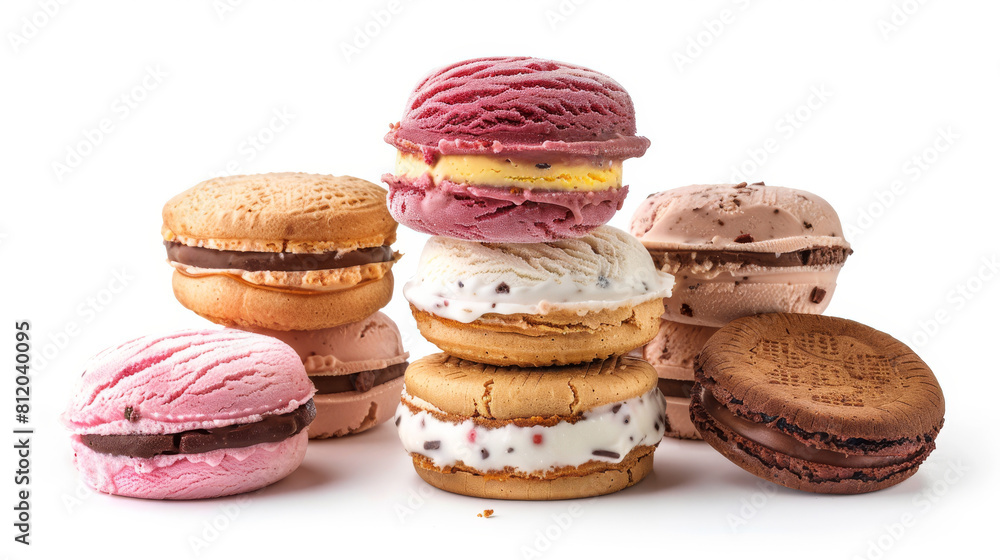 Delicious, isolated summer ice cream sandwiches with a variety of flavors on a white background, ideal for summer treats Delicious, isolated summer ice cream sandwiches with a variety of flavors on a white background, ideal for summer treats