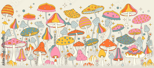 Groovy background with Floral graphic and mushrooms . Seamless pattern, retro 60s, 70s hippie style fun wallpaper. Vintage meadow, wonderland. Tricky textile, fabric, wrapping, wallpaper, background