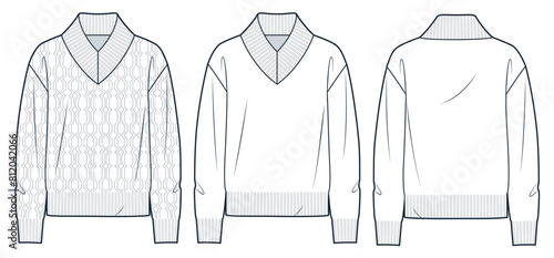  Sweater technical fashion illustration. Cable Knit Sweater fashion flat technical drawing template, relaxed fit, v-neck, front and back view, white, women, men, unisex Top CAD mockup set.