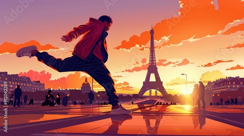 A bright watercolor of a young man in a tracksuit dancing breakdancing on a square in Paris against the background of non-existent objects during the 2024 Olympic Games