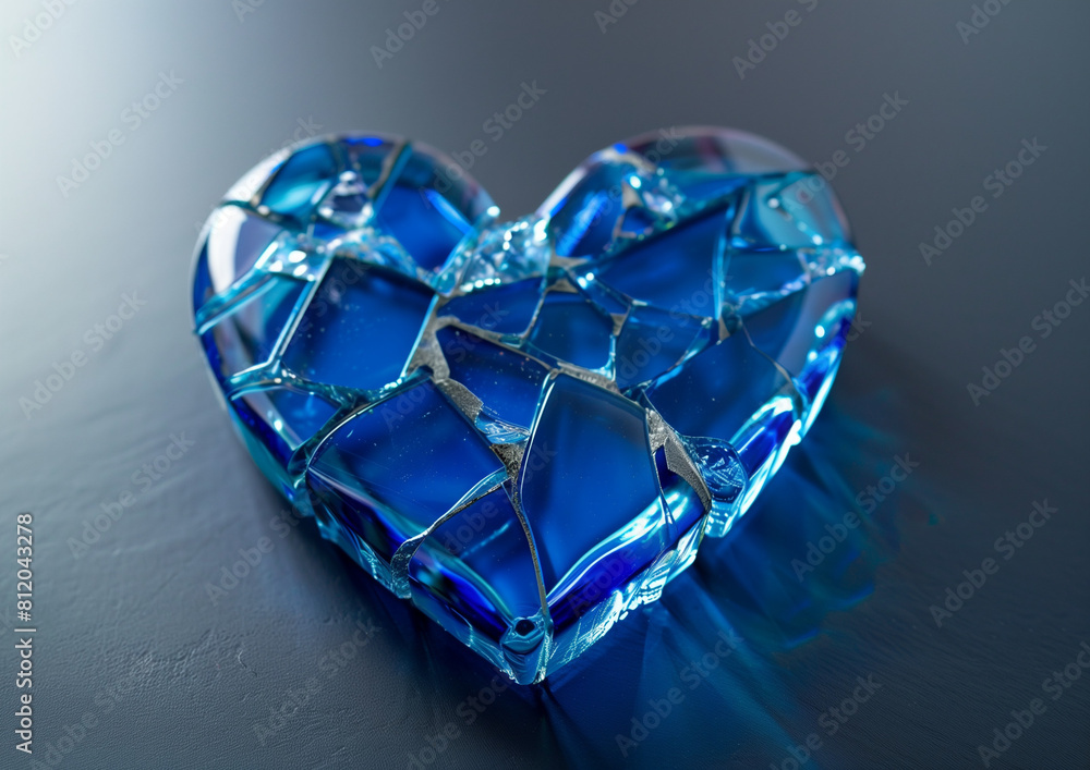 The blue glass heart was broken, reflecting invisible emotional wounds and losses. Its delicate structure and intense color express the fragile beauty and pain that is part of the human experience. The blue glass heart was broken, reflecting invisible emotional wounds and losses. Its delicate structure and intense color express the fragile beauty and pain that is part of the human experience.
