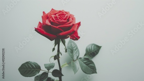 A flawless red rose stands alone against a white backdrop