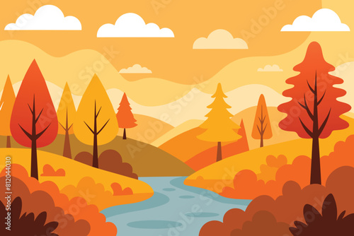 Collection of autumn river landscapes for banner, web site, social media. Editable vector illustration with beautuful fall scenery, orange and yellow trees in forest © mobarok8888