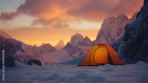 Serene Mountain Camping at Sunset with Majestic Peak View