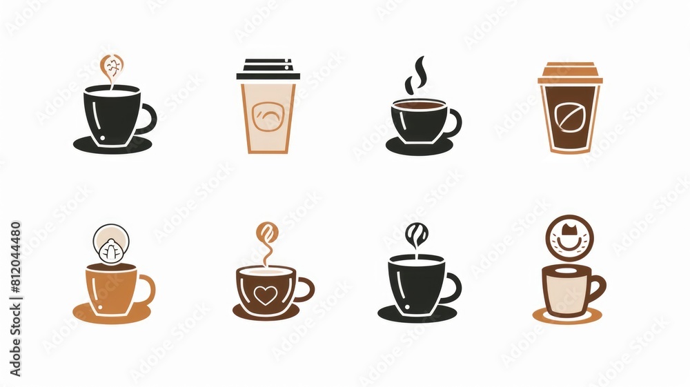 collection of stylish coffee cup icons featuring minimalist designs, with variations including steam, heart motifs, and modern art-inspired decorations. collection of stylish coffee cup icons featuring minimalist designs, with variations including steam, heart motifs, and modern art-inspired decorations.