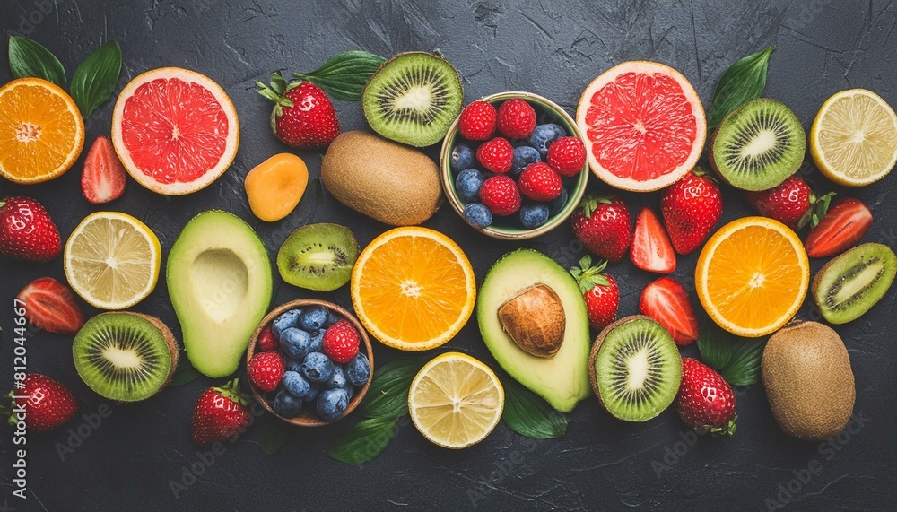 fruits and vegetables on the table, top view fruits and vegetables on the table, top view