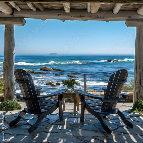 transparent background psd  a deck with two black chairs and a table  surrounded by a large rock and a clear blue sky