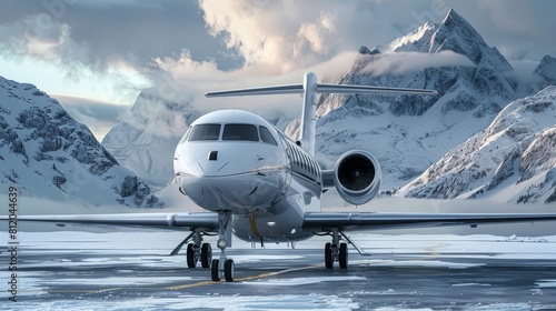 Modern white private jet with lowered open door in winter, mountains in the background