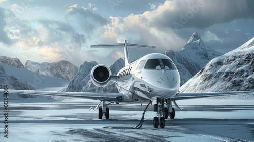 Modern white private jet with lowered open door in winter, mountains in the background