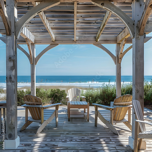 transparent psd  a wooden porch with a brown and wood chair and a white chair  overlooking the ocean under a blue sky