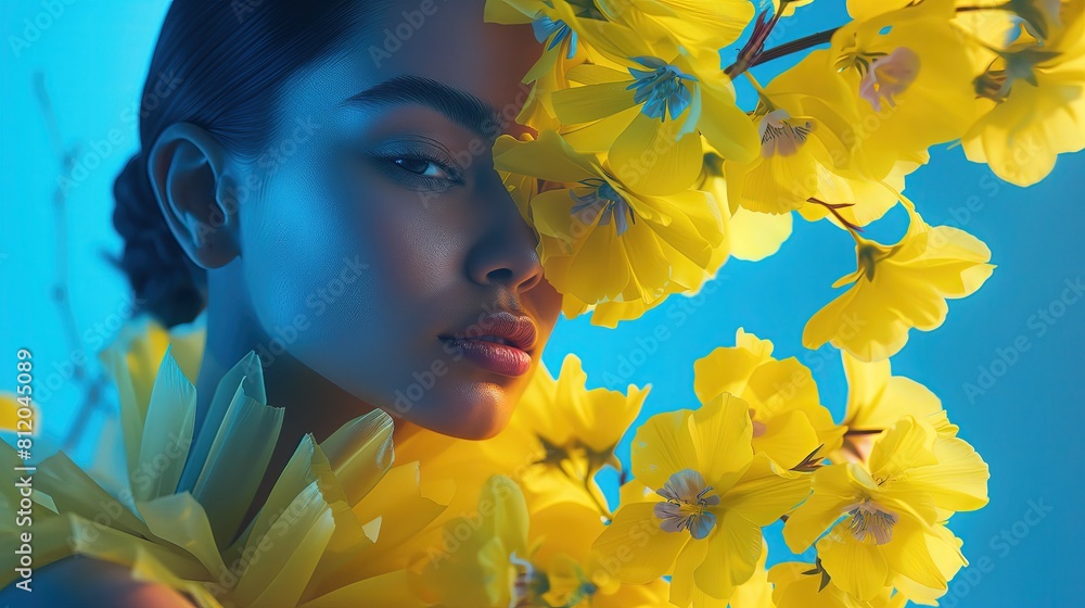 Obraz premium Kobieta ma kwiaty umieszczone we włosach, wyrażając radość i bliskość z naturą poprzez ich obecność