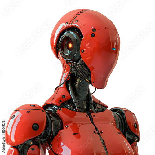Close-up of a futuristic robot with a glossy red head, showcasing intricate mechanical details and advanced technological design.
