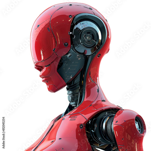 Close-up of a futuristic robot with a glossy red head, showcasing intricate mechanical details and advanced technological design.
