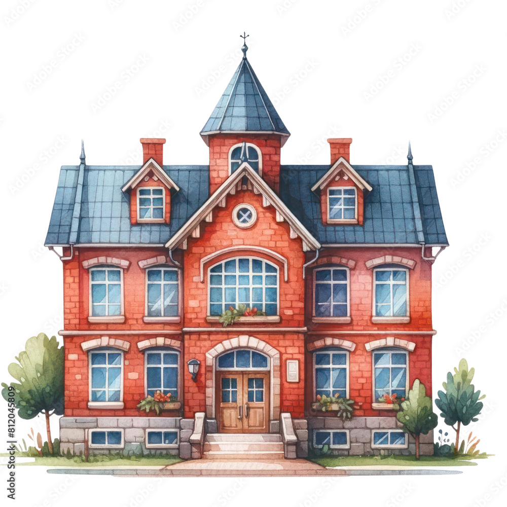 Fototapeta premium A watercolor illustration of a small red brick school house with a blue roof and white windows