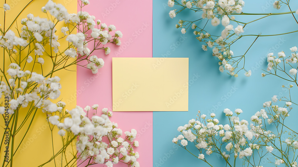 Vibrant Floral Arrangement with Blank Yellow Card on Colorful Background Vibrant Floral Arrangement with Blank Yellow Card on Colorful Background