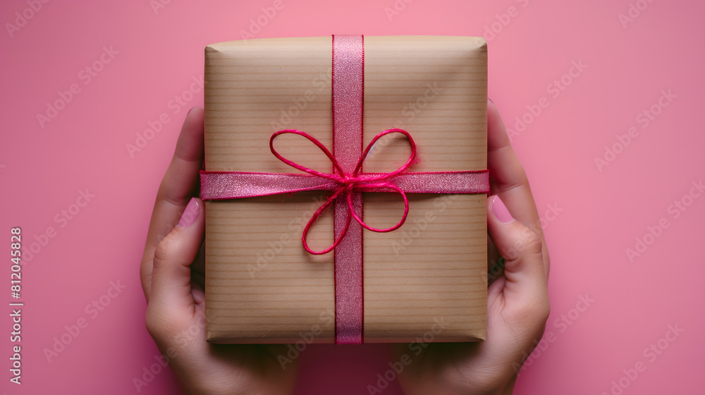 Hands Presenting a Wrapped Gift Box Against Pink Background Hands Presenting a Wrapped Gift Box Against Pink Background