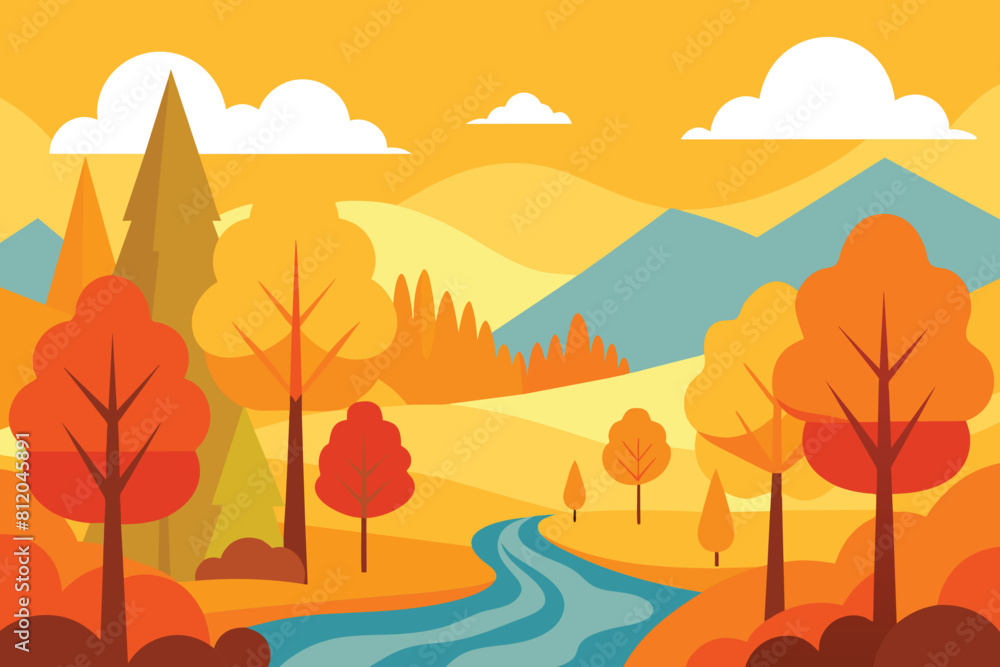 Collection of autumn river landscapes for banner, web site, social media. Editable vector illustration with beautuful fall scenery, orange and yellow trees in forest