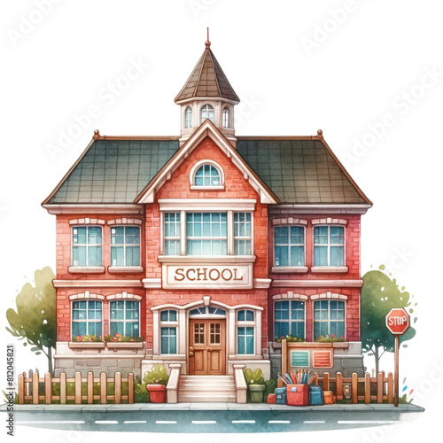 A watercolor illustration of a small red school house with a clock tower.