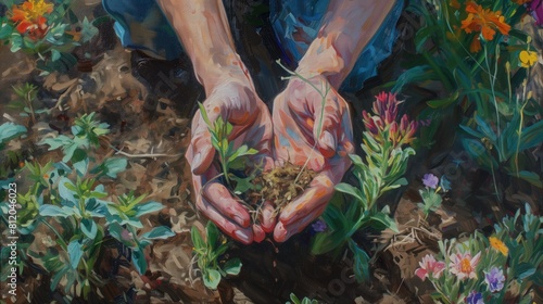 Obraz przedstawia osobę trzymającą roślinę w dłoniach. Roślina wydaje się być delikatna i zielenia. Osoba patrzy na roślinę z zainteresowaniem i troską