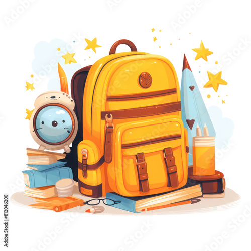 A yellow school bag with a rocket and books on a white table.