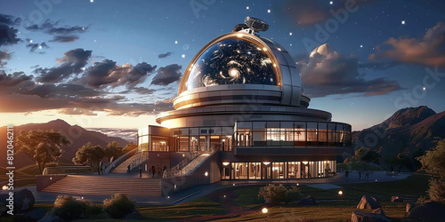 futuristic planetarium with a dome on top, steel facade photo