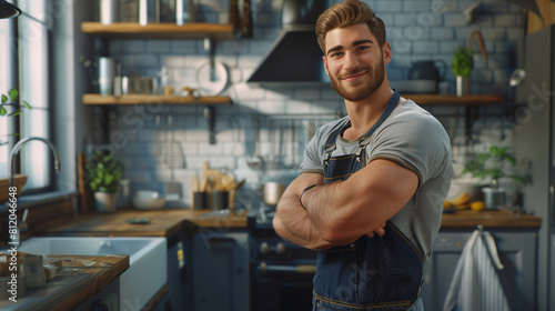 Cute man in the home kitchen in an apron. handsome, attractive, athletic caucasian man with a beard in the form of a plumber in the kitchen. sewer repair in the house  photo