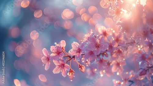 W obrazie widać dużą ilość różowych kwiatów umieszczonych na gałęzi. Kwiaty wydają się być w pełnym rozkwicie, tworząc piękny widok natury © Artur48