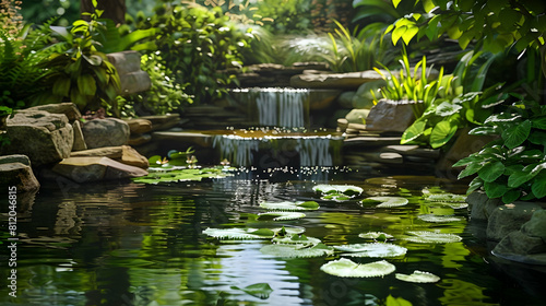 transparent psd  a serene pond surrounded by lush greenery  featuring a large gray rock and tranquil water