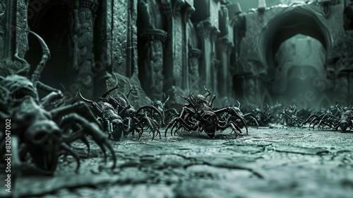 close-up fantasy illustration. Dozens foul evil humanoids and demons and beasts runing foward camera lens photo