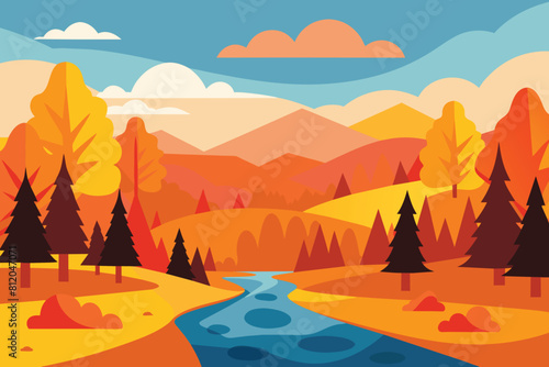 Collection of autumn river landscapes for banner  web site  social media. Editable vector illustration with beautuful fall scenery  orange and yellow trees in forest