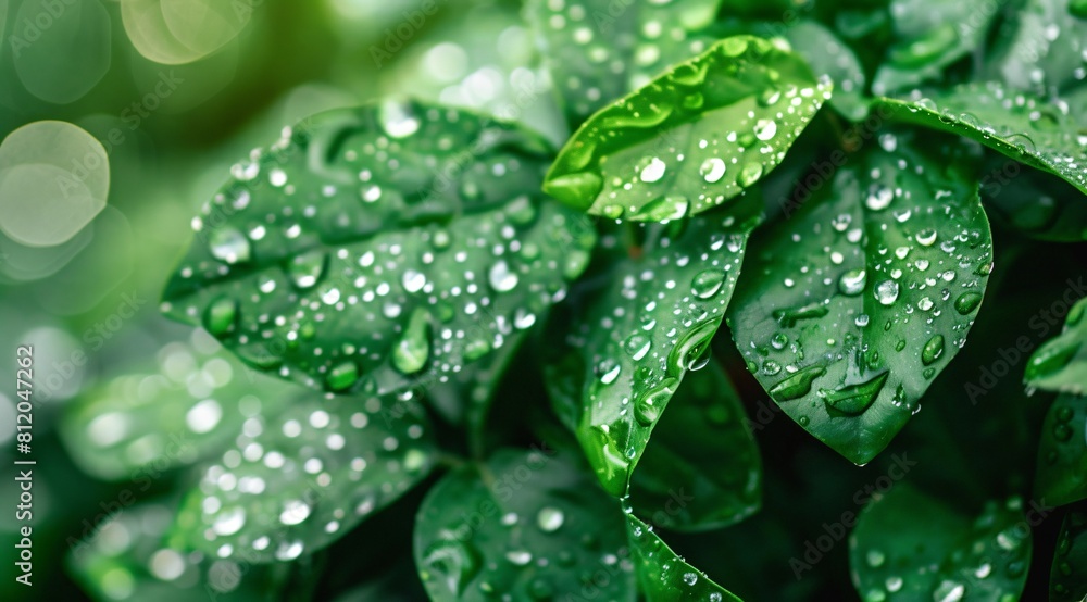 Close-Up of Dewdrops on Vibrant Green Leaves with Soft Bokeh Background - Nature's Tranquility Close-Up of Dewdrops on Vibrant Green Leaves with Soft Bokeh Background - Nature's Tranquility
