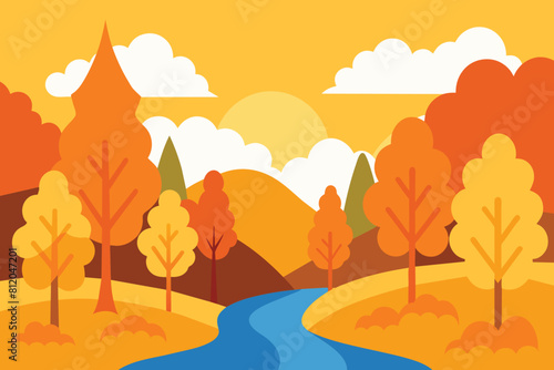 Collection of autumn river landscapes for banner  web site  social media. Editable vector illustration with beautuful fall scenery  orange and yellow trees in forest