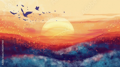 Fototapeta Malarstwo przedstawia zachód słońca z ptakami latającymi na tle nieba. Ptaki tworzą ruchome akcenty na tle kolorowego nieba