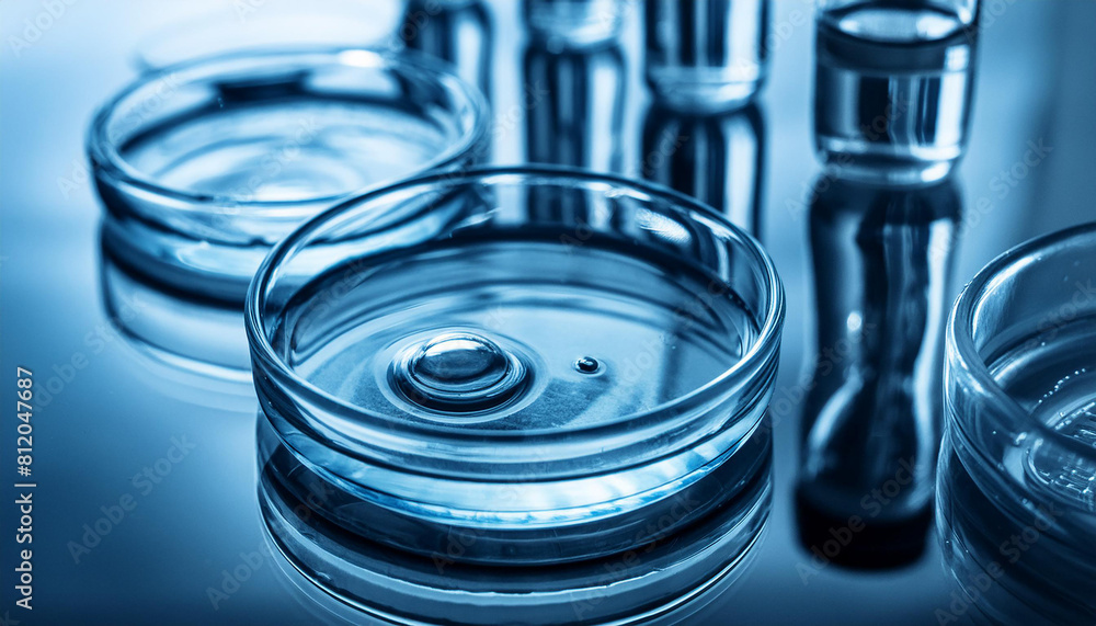 Close-up of glass petri dish with liquid. Laboratory experiments and scientific experiment. Close-up of glass petri dish with liquid. Laboratory experiments and scientific experiment.