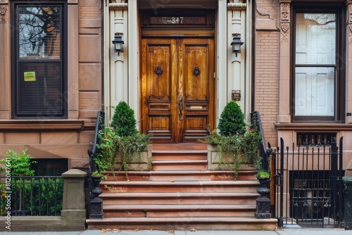 Building Front. Brownstone Facades & Row Houses in Iconic Brooklyn Heights Neighborhood © AIGen