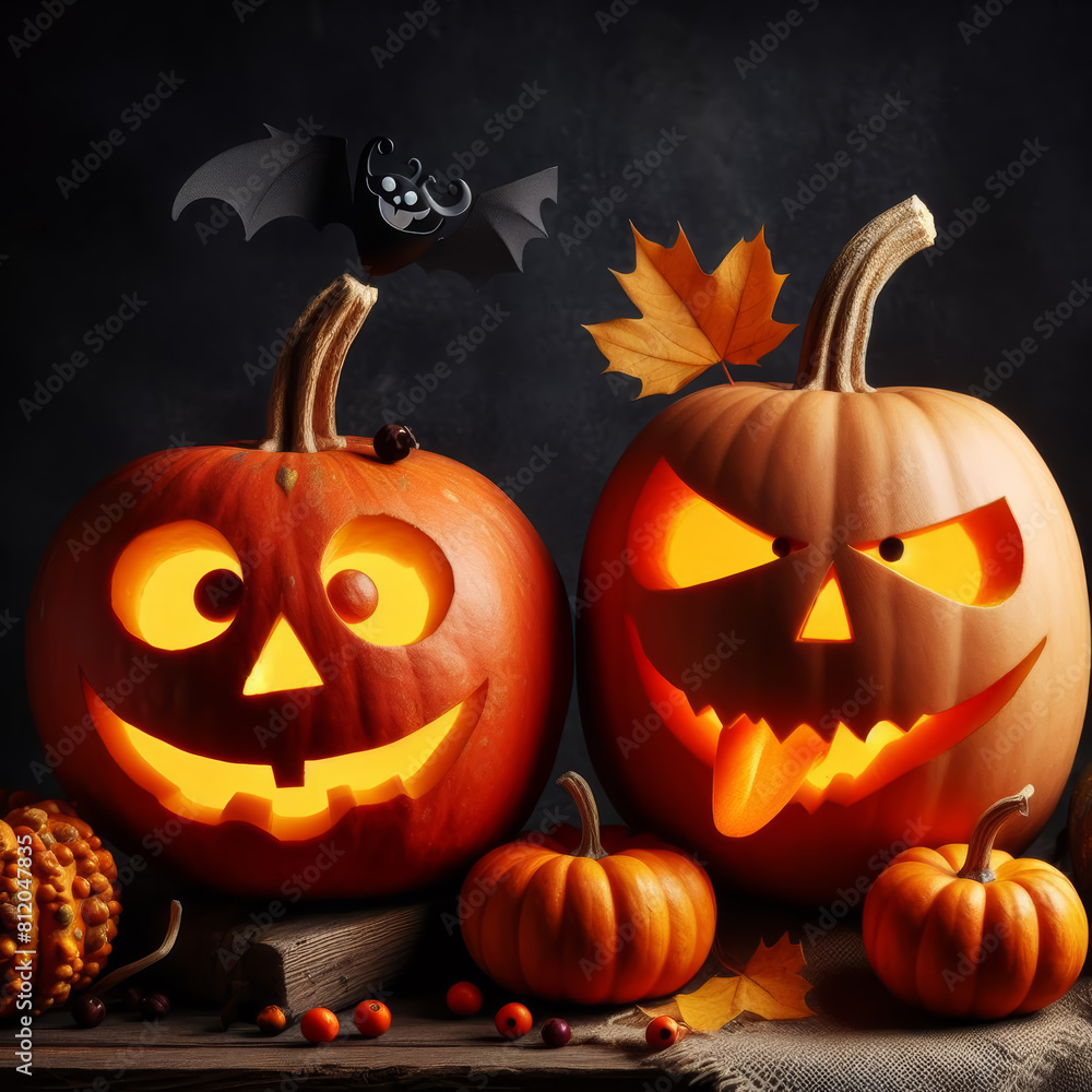 Funny and cheerful Halloween pumpkins with different expressions on their faces. Funny and cheerful Halloween pumpkins with different expressions on their faces.