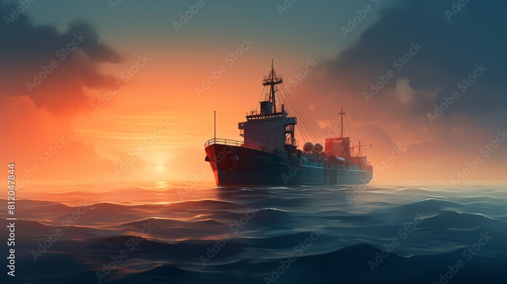 A large ship is sailing in the ocean at sunset A large ship is sailing in the ocean at sunset